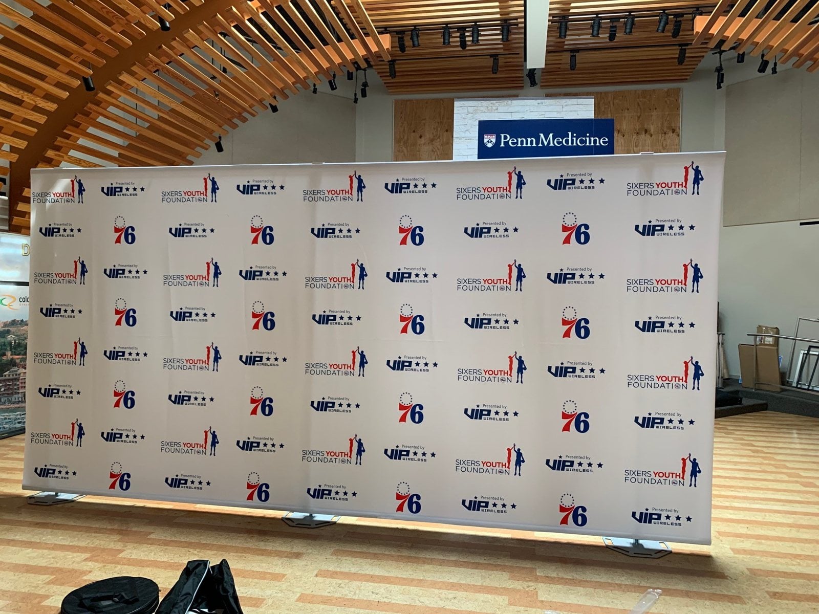 Step-and-repeat media backdrop set up for a press event