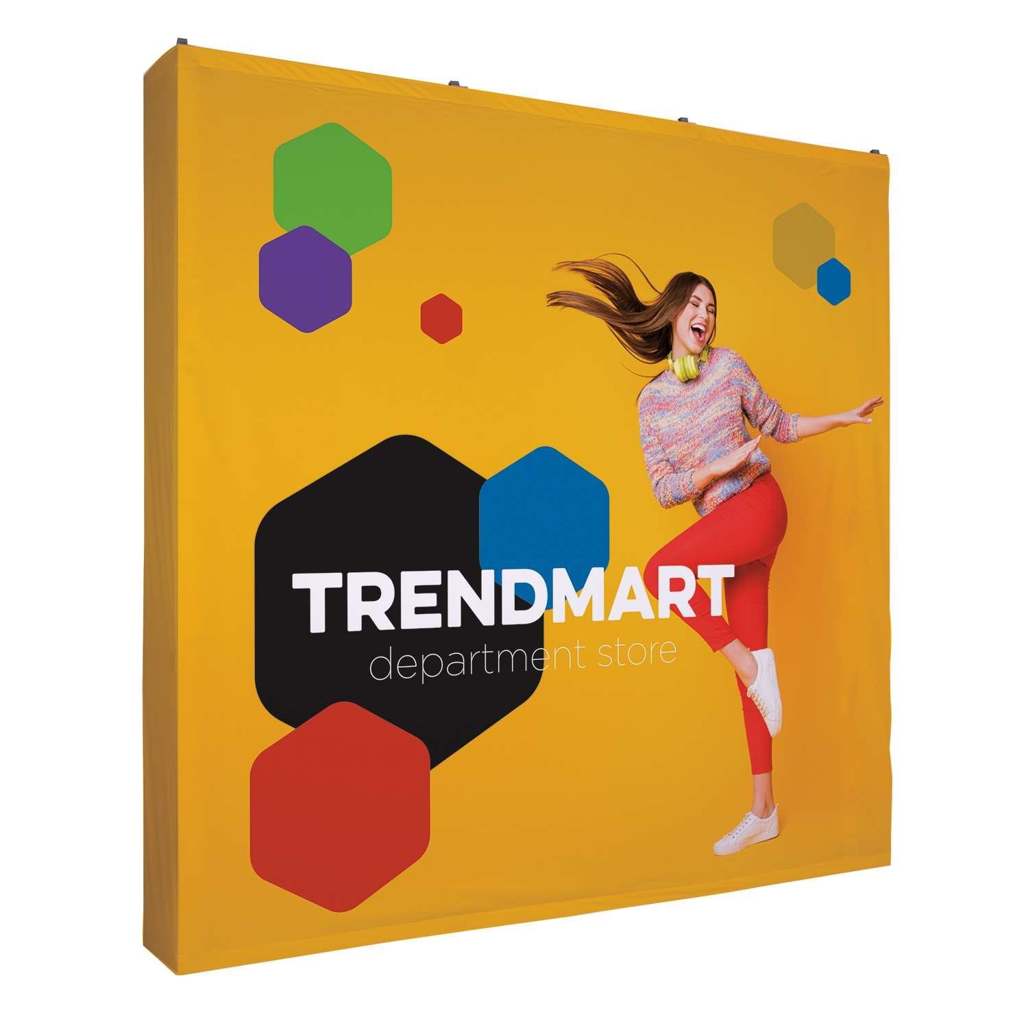 8ft pop-up fabric display frame with a printed graphic