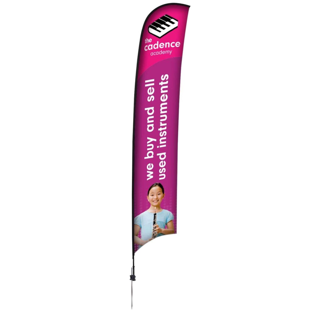 Large feather flag on a ground stake, printed edge to edge