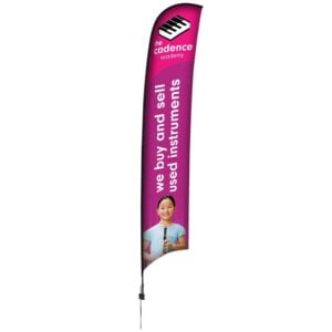 Large feather flag on a ground stake, printed edge to edge