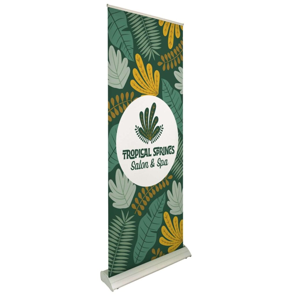 Retractable banner stand with a printed graphic, shown upright
