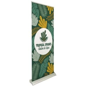 Retractable banner stand with a printed graphic, shown upright