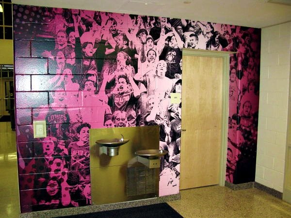 Printed wall mural applied to a block wall