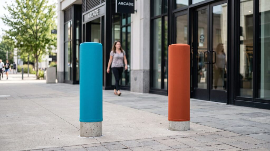 Blank printed sleeves wrapped around two concrete bollards outside a shopfront