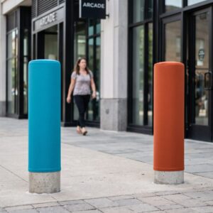 Blank printed sleeves wrapped around two concrete bollards outside a shopfront