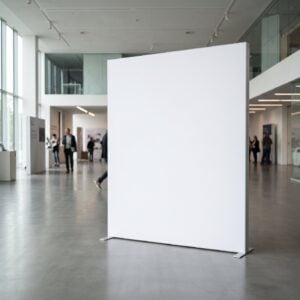 Blank white tension fabric graphic in a slim aluminium SEG frame in an exhibition hall