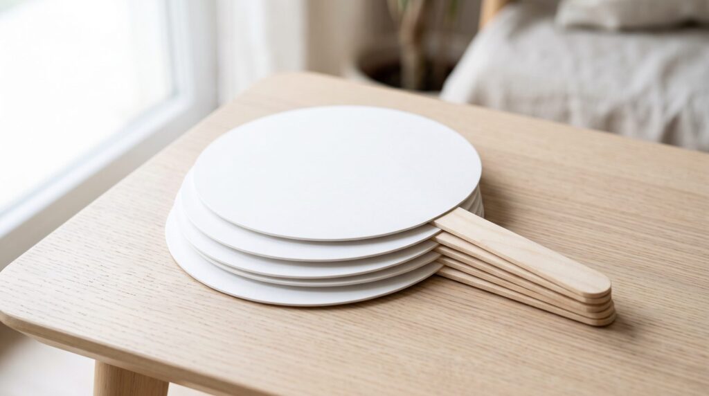Stack of blank round handheld fans on wooden stick handles