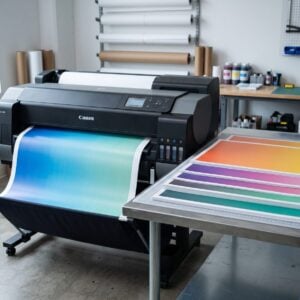 Large format prints emerging from a wide format inkjet printer