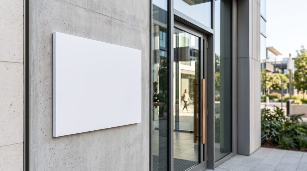 Blank rigid sign panel mounted on an exterior wall beside a building entrance