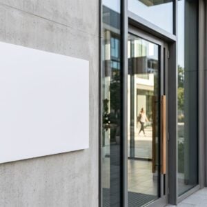 Blank rigid sign panel mounted on an exterior wall beside a building entrance