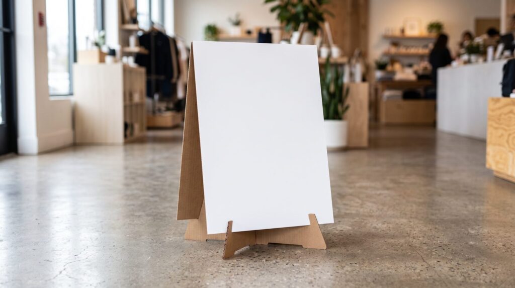 Blank free-standing printed panel with a folding easel back on a retail floor