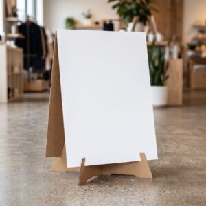 Blank free-standing printed panel with a folding easel back on a retail floor