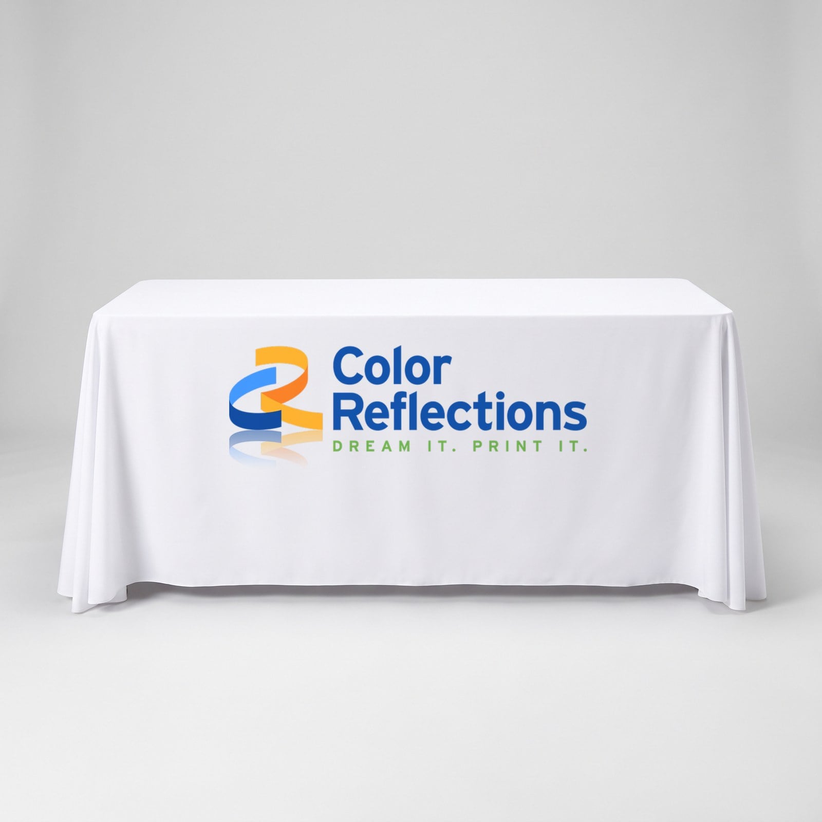 White 6ft full table throw printed with the Color Reflections logo on the front panel, on a trade show table