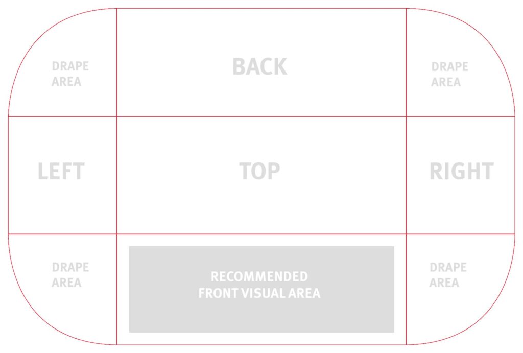 Layout of the 6ft full table throw template: back, top, left and right panels with drape areas, and the recommended front visual area