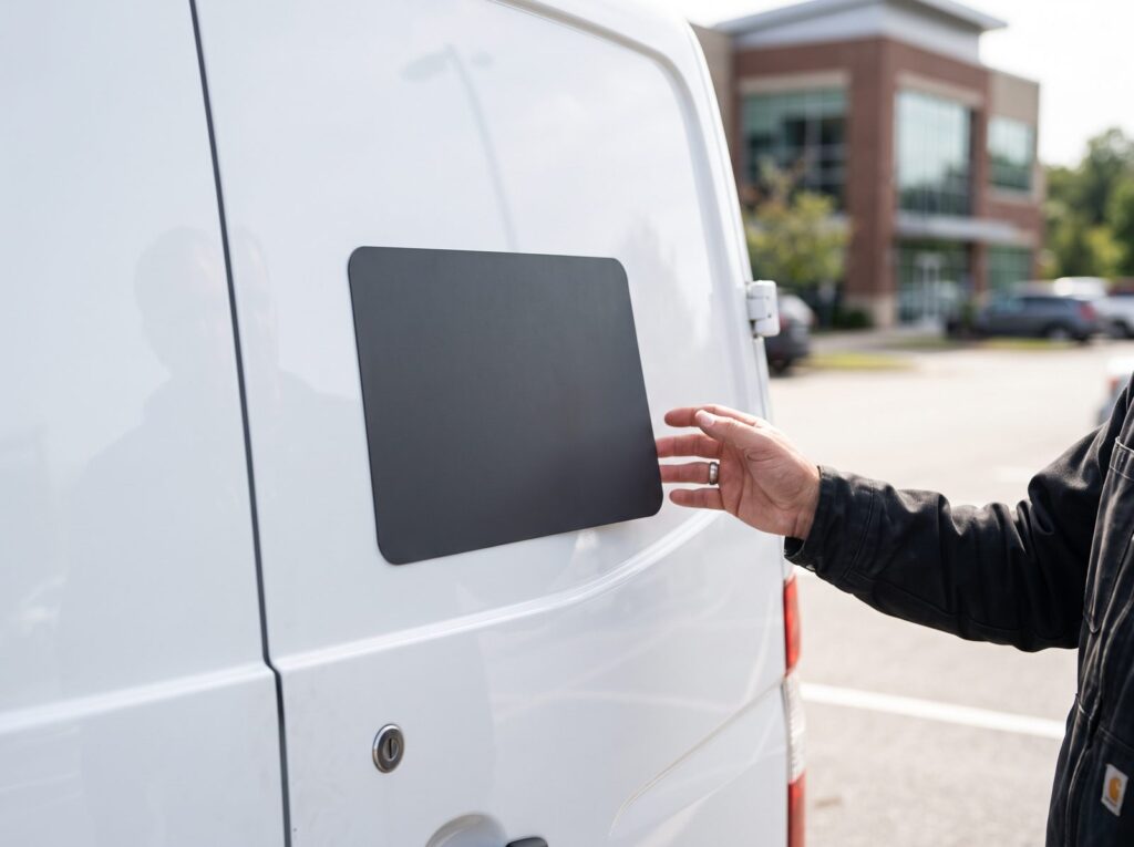 Blank magnetic vehicle sign held against the door of a white van