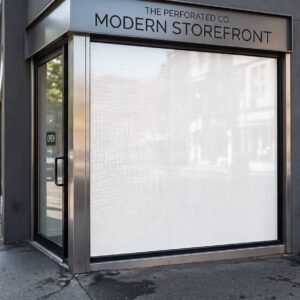 Blank perforated window film covering a storefront glass window
