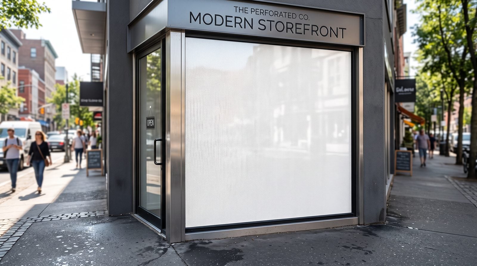 Blank perforated window film covering a storefront glass window