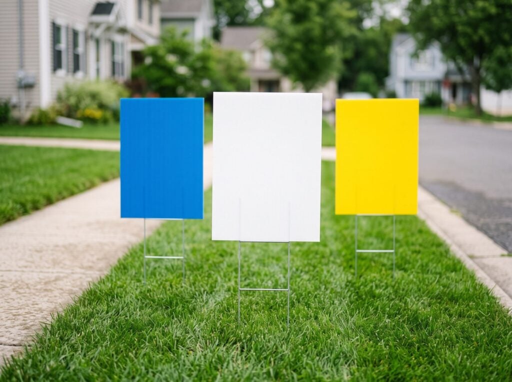 Blank corrugated plastic yard signs on metal H-stakes in grass